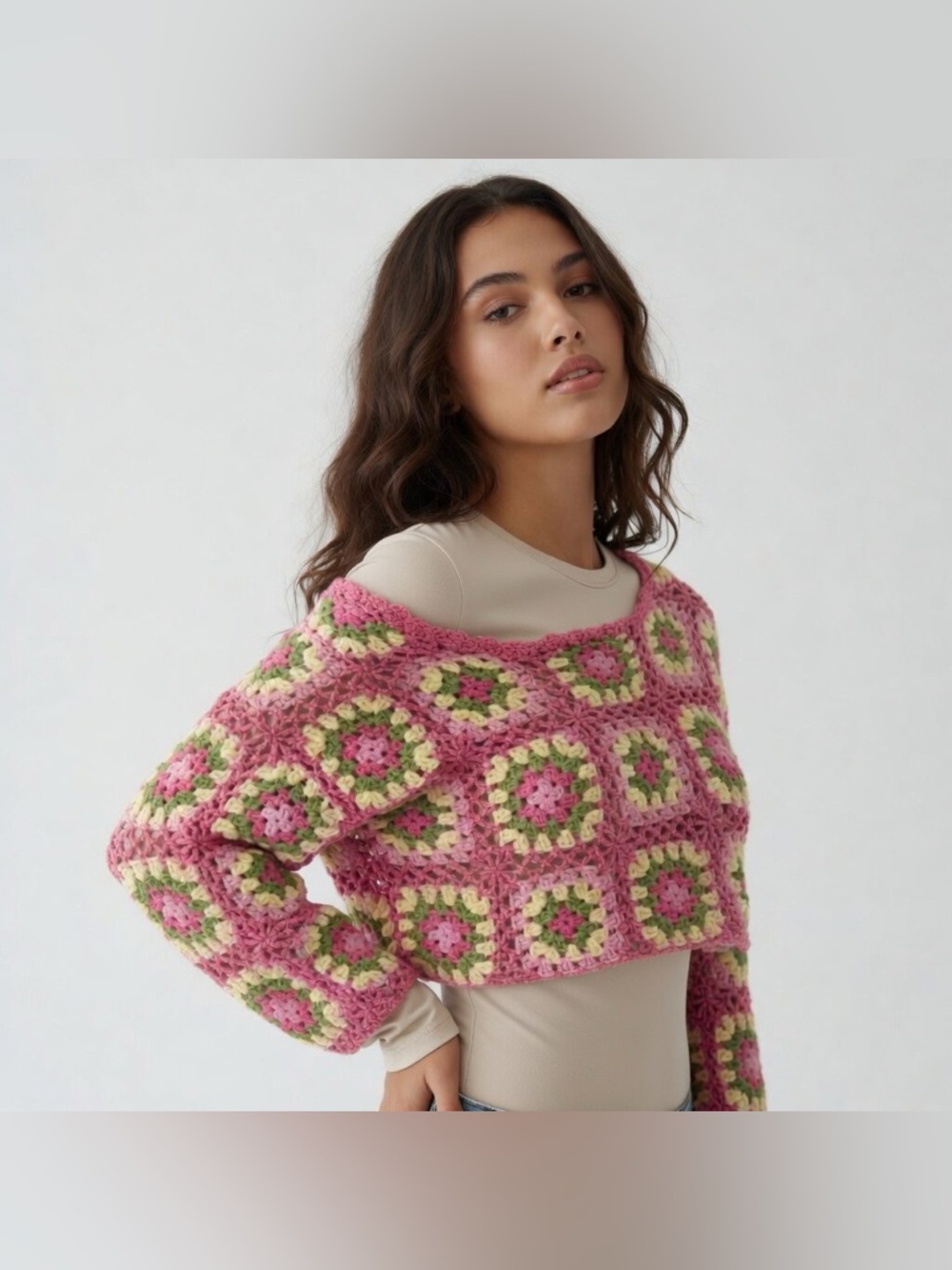 Sweater‎ Crochet Pink & Green Boho Cottagecore